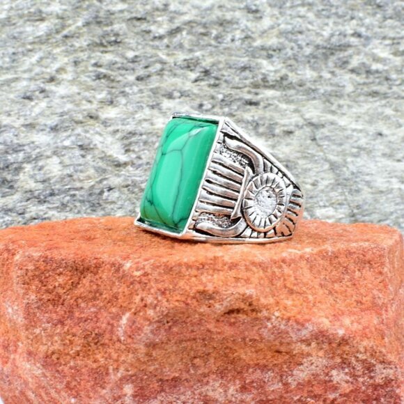 Ridge Weston Mens Square Green Turquoise Etched Silver Ring Size 9 Gift Boxed - Picture 9 of 9